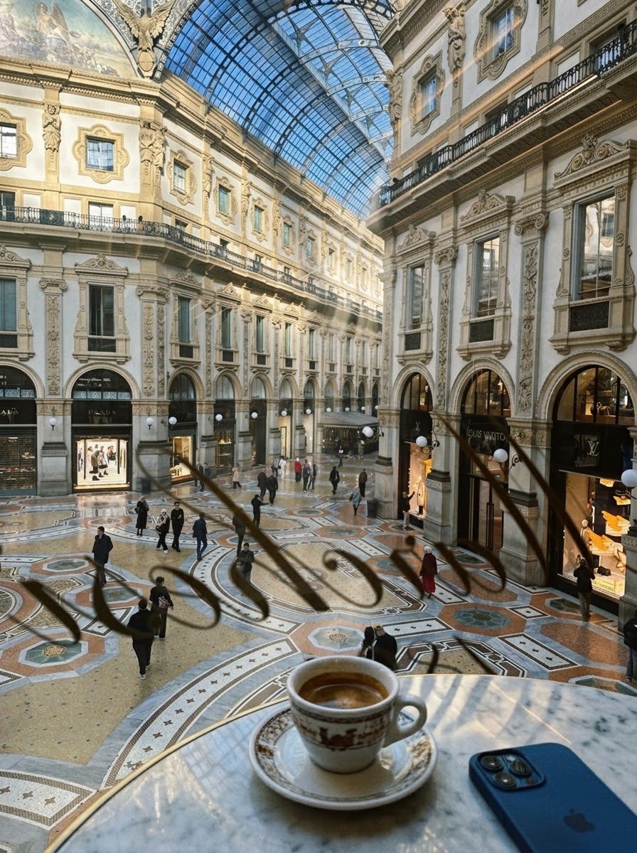 an espresso on a marble table overlooking a glass-roofed galleria in milan, a phone face down beside it