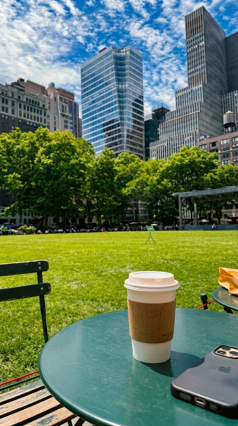 a to-go cup on a green park table in new york, skyscrapers behind the lawn, a phone face down beside it