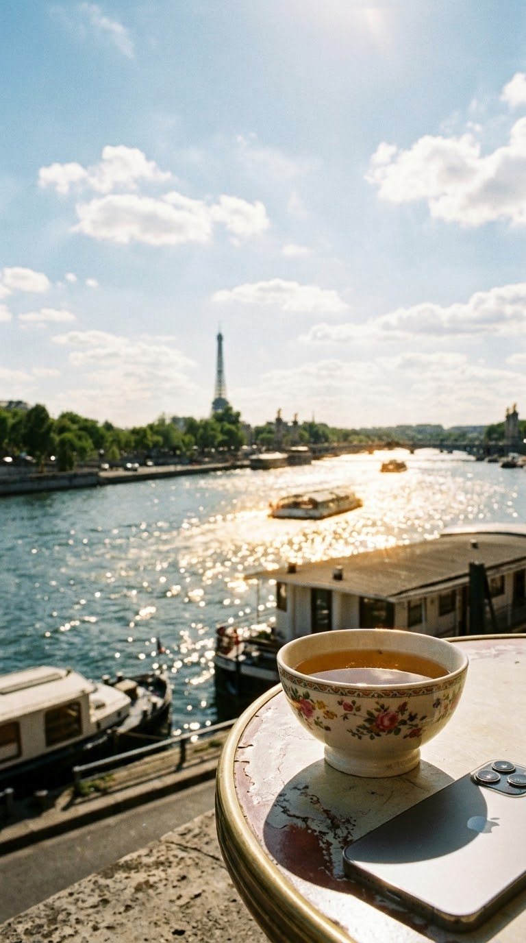 a flowered tea bowl on a café table above the seine in paris, the eiffel tower in the distance, a phone face down beside it